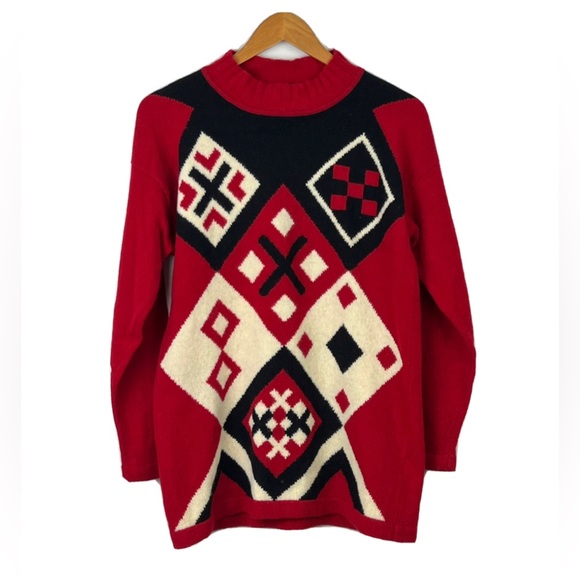 David Jones 100% Lambswool Knit Sweater Jumper Red Argyle Vintage Style L/XL - Picture 5 of 12